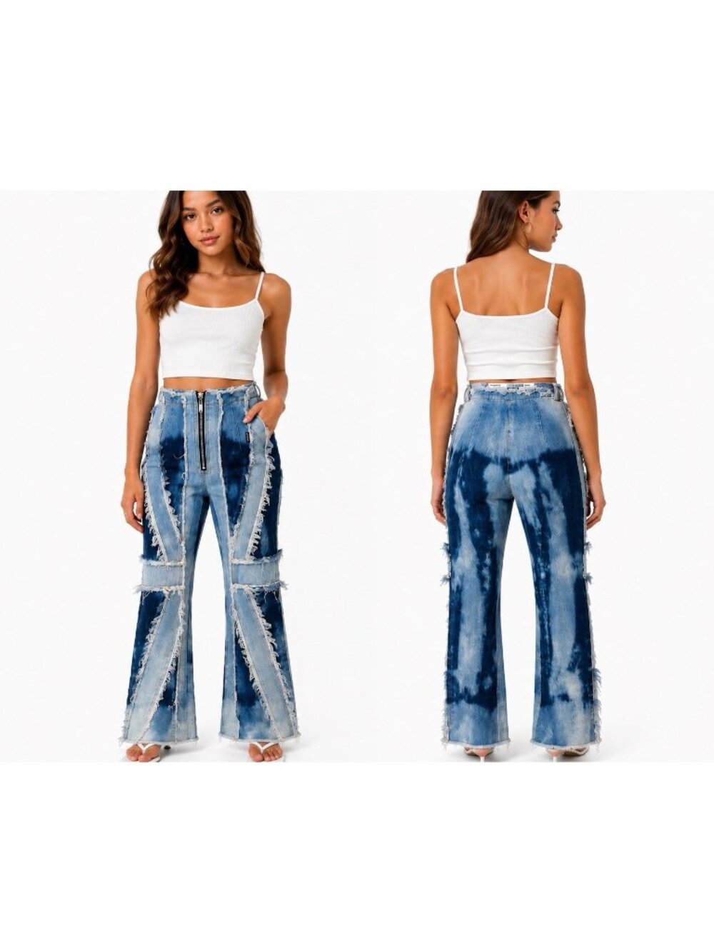 Tripp NYC Womens 5 Flare Jeans Distressed Patchwork Y2K Punk Goth Zip Denim